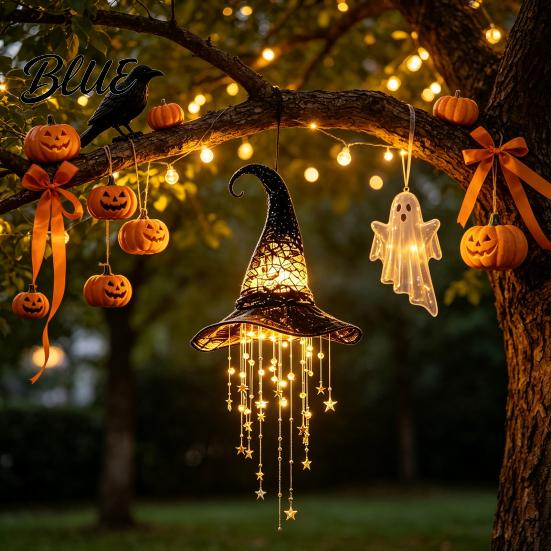 Outdoor Halloween Porch Decor Lighted Witch Hat Hanging Chime LED Glowing Wizard with Sparkling Star String Lights Swinging Tassels Indoor