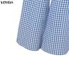 VONDA Two Picecs Sets Women Plaid Print Short Sleeve Blouse and Pants Casual Outfits