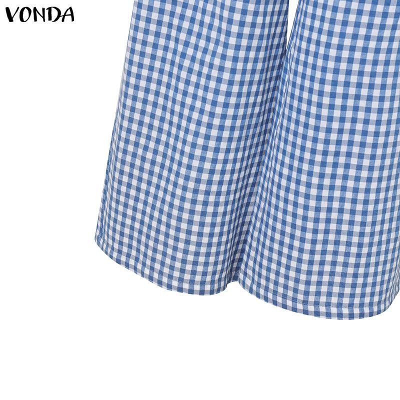 VONDA Two Picecs Sets Women Plaid Print Short Sleeve Blouse and Pants Casual Outfits