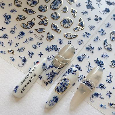 Blåvit Porslins Kinesisk Stil Klistermärke 3D Självhäftande Nageldekor Blomma Silverrygg Klister Manikyrtatuering Salong DIY