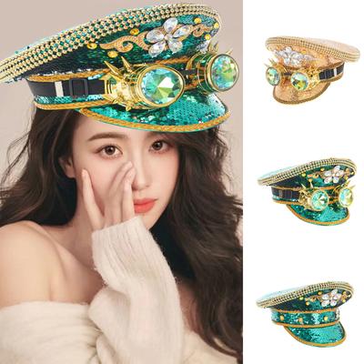 Sequins Sergeant Hat with Rhinestone Bridal Shower Hat Bachelorette Party Cosplay Hat Bride Captain Hat Club Headdress