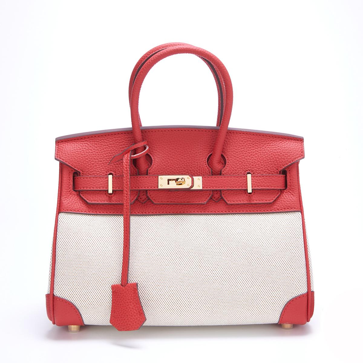 

Сумка Модный верхний слой коровьей кожи с холщовой тканью Платиновая сумка Большая вместимость женская контрастная кожаная сумка 30x16x23cm красный