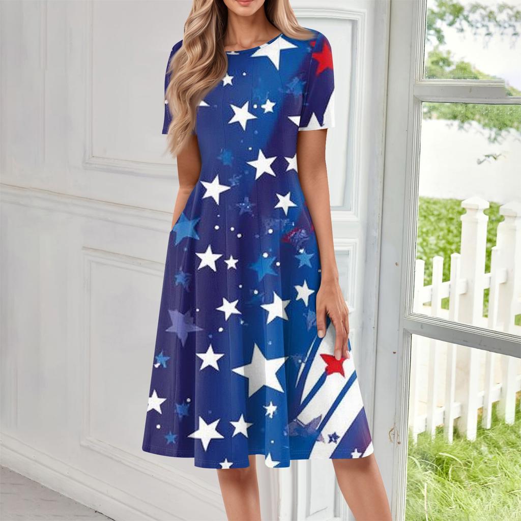 Women's Casual Fashion Round Neck Short Sleeve Print Midi Dress