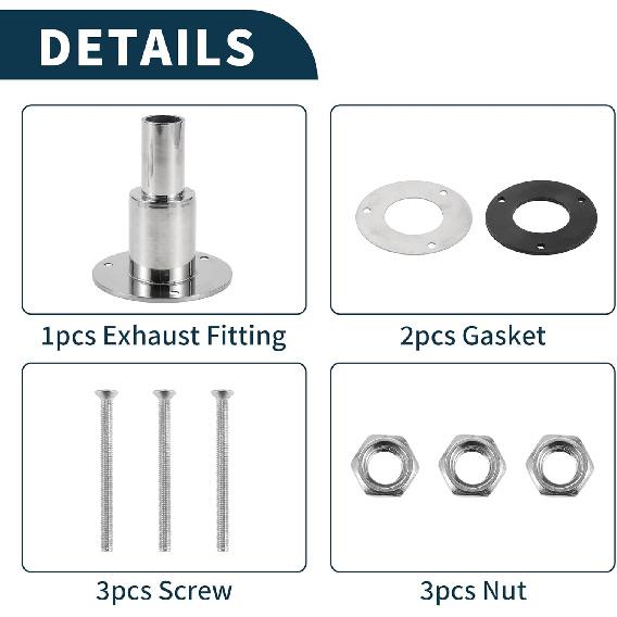 Thru Hull Exhaust Skin Fitting Straight Outlet Exhaust Tube Pipe Socket Hardware Kit Exhaust Fitting Gasket Screw 1 Set 0.94" OD Stainless Steel