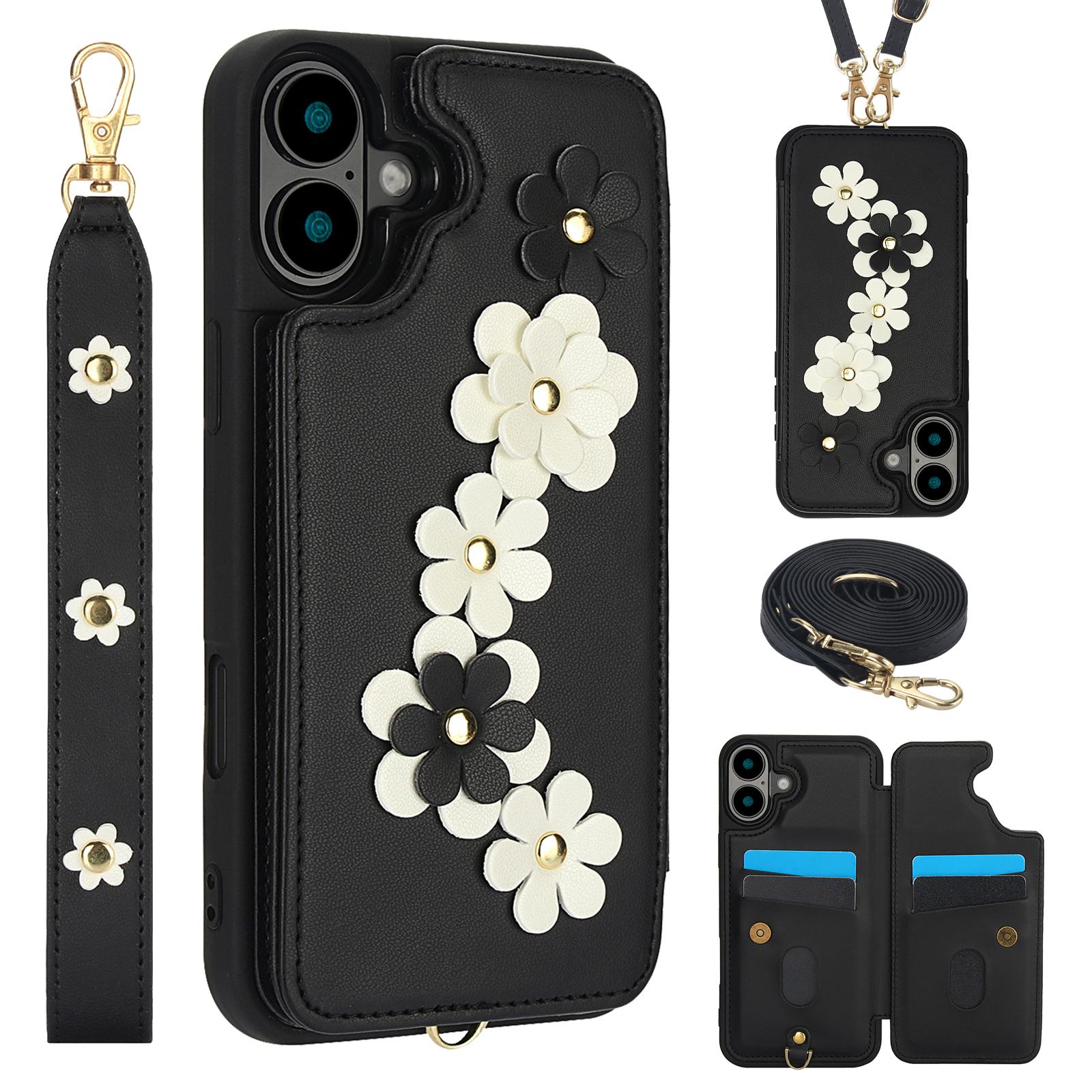 

For iPhone 16 Plus Case Card Slots Leather Coated TPU Flower Phone Cover Black