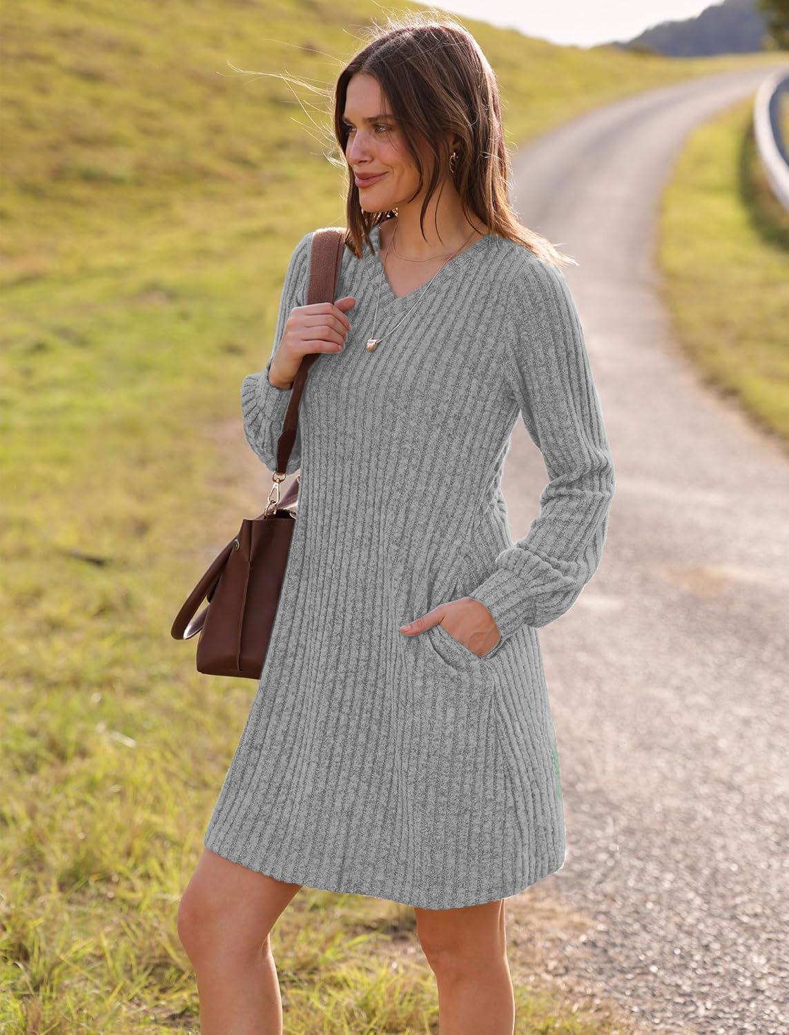 

Women s Solid Color V-Neck Ribbed Long Sleeve Mid-Length Dress - Autumn/Winter Collection Medium светло-серый