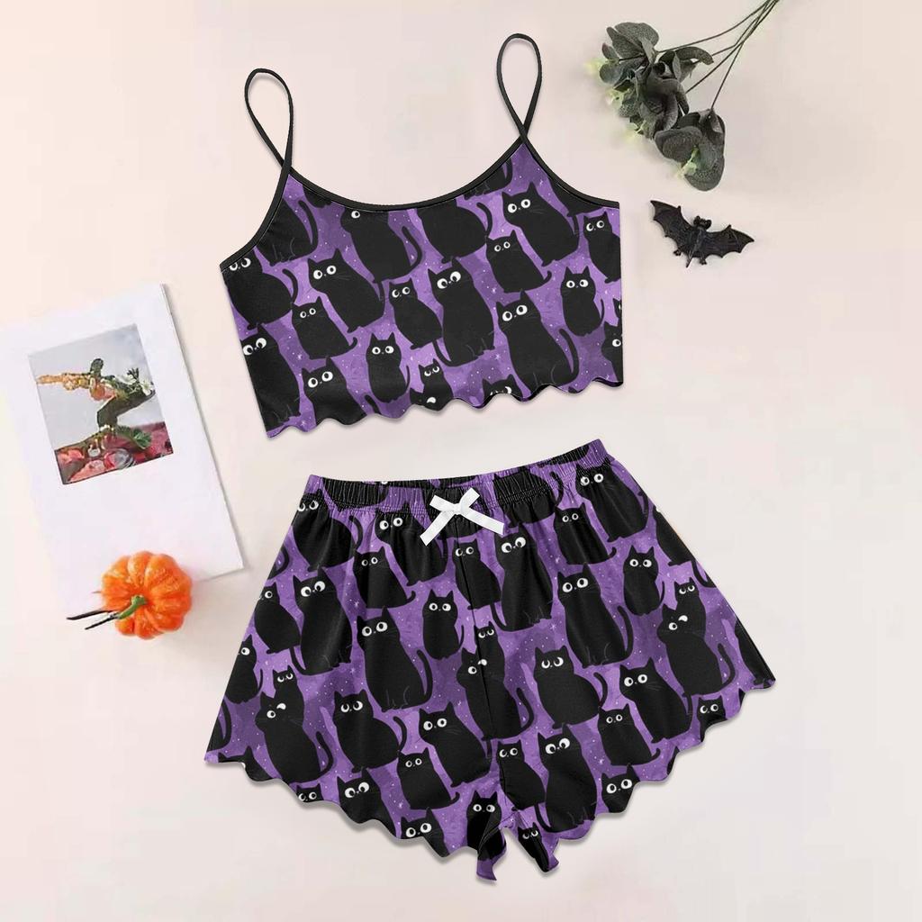 Women's Halloween Set With Retro Floral Print Suspender Sleeveless Vest Shorts Pajama Set