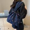 Fashion Denim Tote Bag for Women with Cherry Print Casual Messenger Handbag with Drawstring Closure and Polyester Lining Large Capacity Shoulder Bag