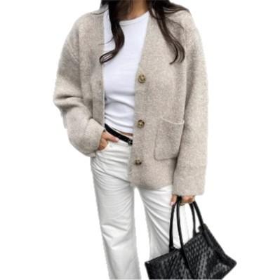 European and American knitted jacket women's niche design versatile solid color jacket casual loose single-breasted knitted cardigan