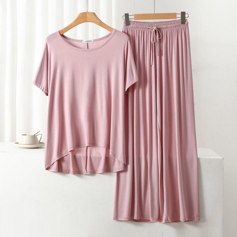 Damen Übergröße Freizeit-Pyjama-Set: Modal Rundhals Kurzarm Oberteil & Weitbeinige Hose