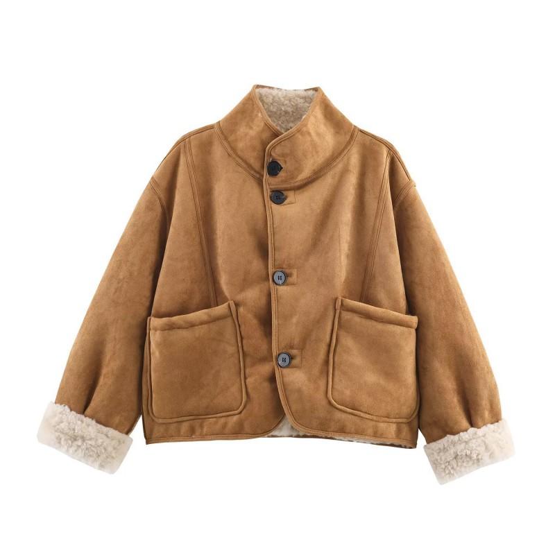 Womens Reversible Streetwear Jacket Winter 2025 Double-Sided Faux Leather Coat With Stand Collar Pocket Detail
