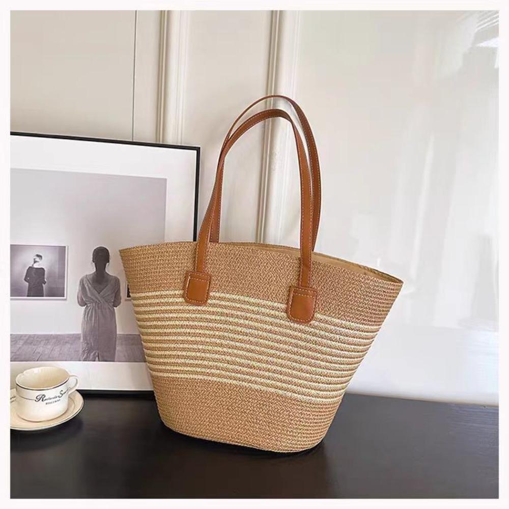 Fashion Straw Woven Tote Bag Square Stripe Woven Shoulder Bag Underarm Bag Large Capacity Vacation Beach Bag Women's Handbags