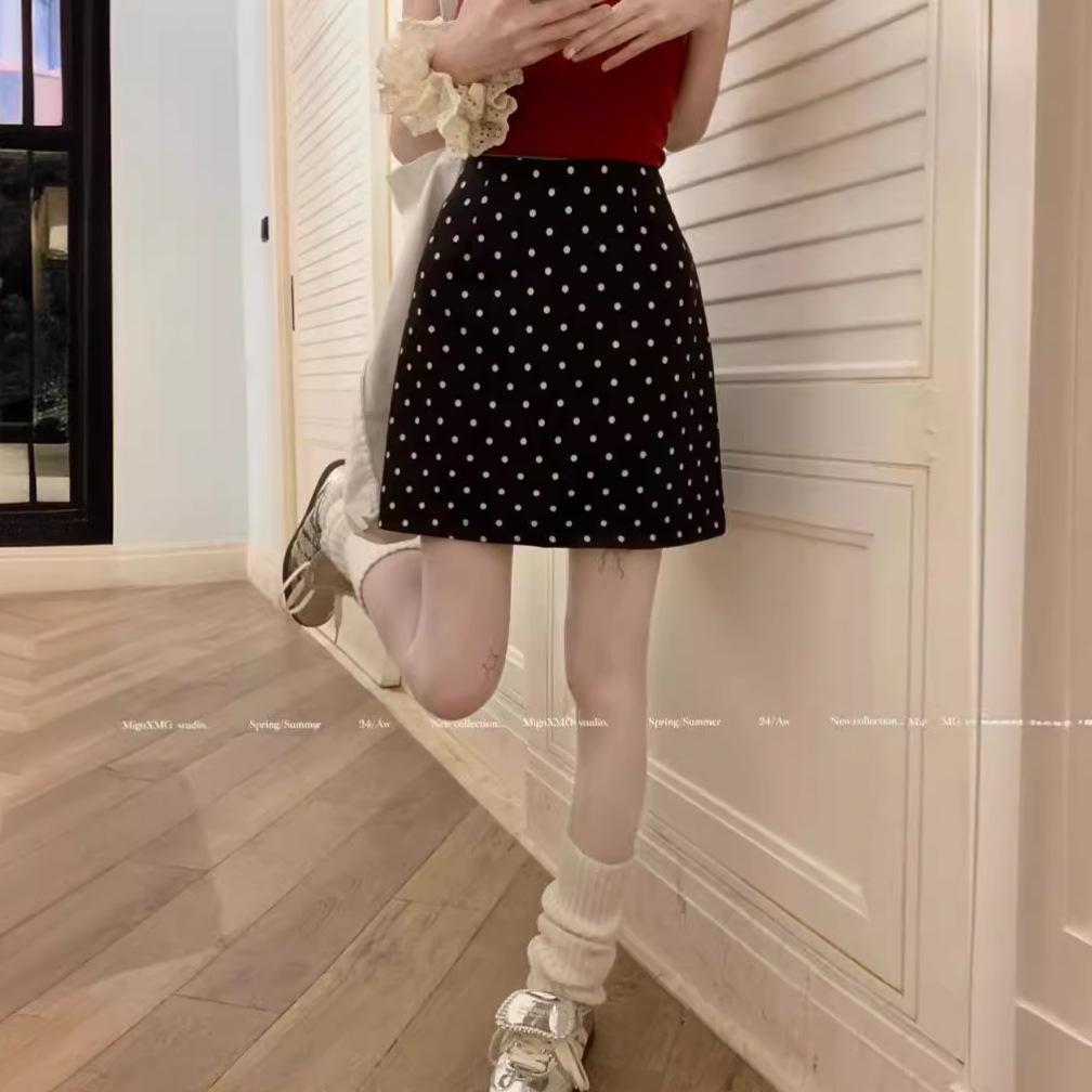Women's 2024 Retro Polka Dot High Waist Midi Skirt - Slimming, Versatile A-line Design for Summer