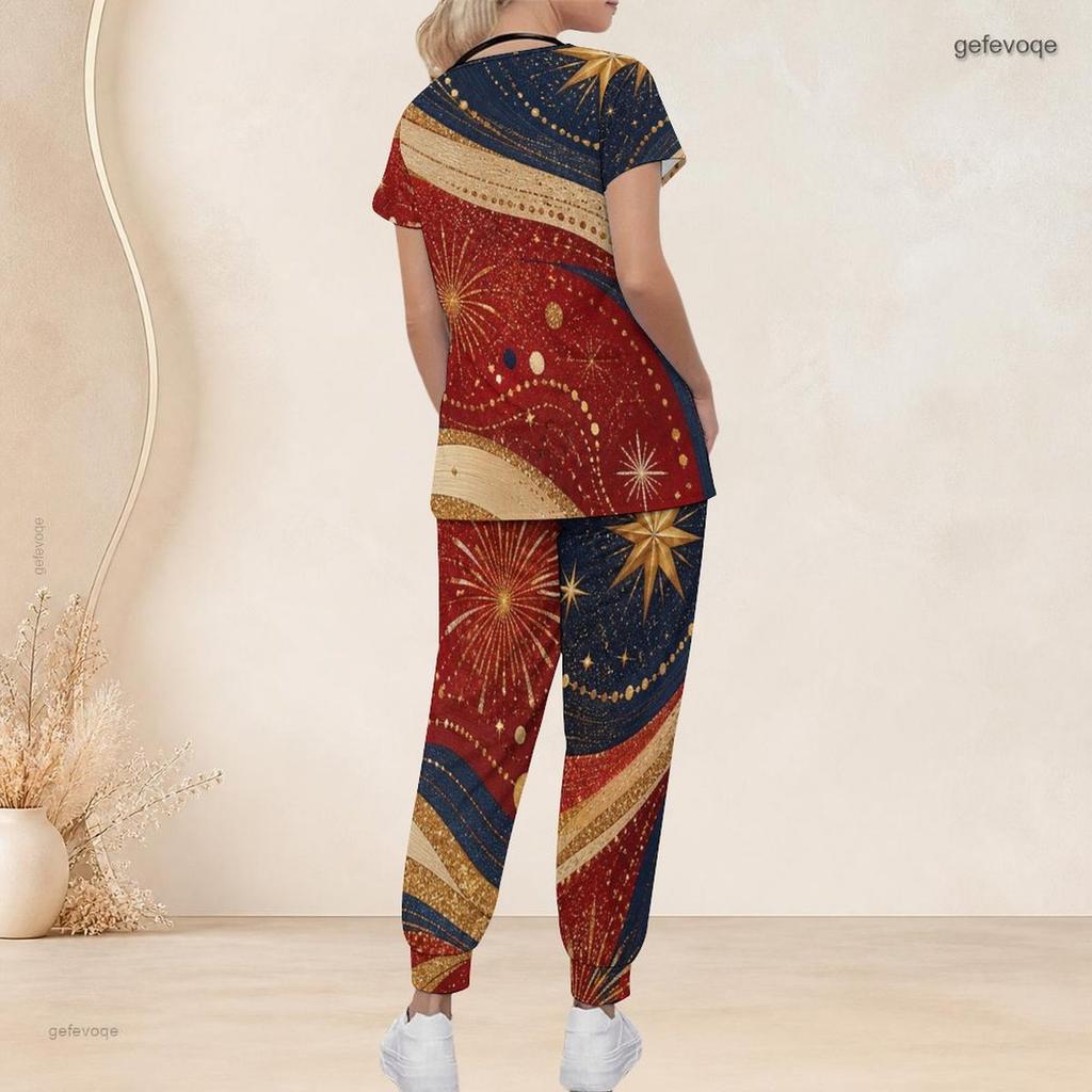 Women Plus Size Splash Patriotic Star Print Scrub Set Short Sleeve V Neck Top And Wide Long Pants Medical Uniform
