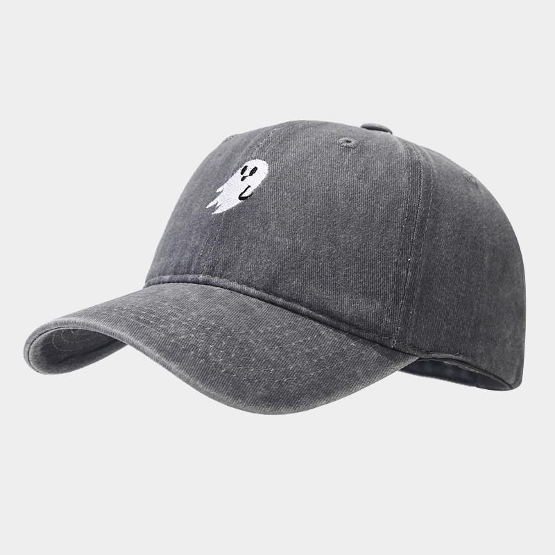 Ghost Embroidered Denim Baseball Cap With Sun Protection For Casual Outdoor Wear