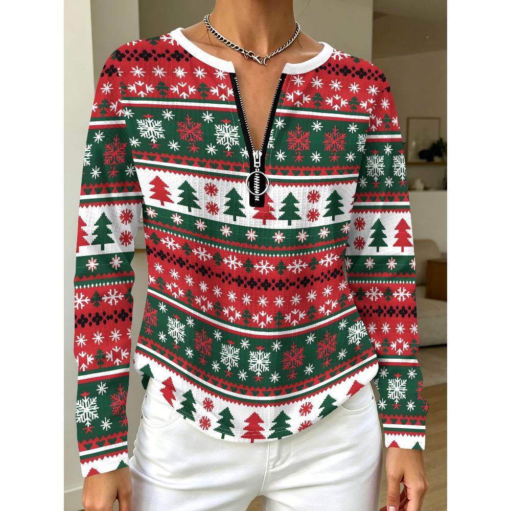 Women's Half Zipper Long Sleeve T-Shirt Christmas Style Pattern Printing Casual Daily Commuter