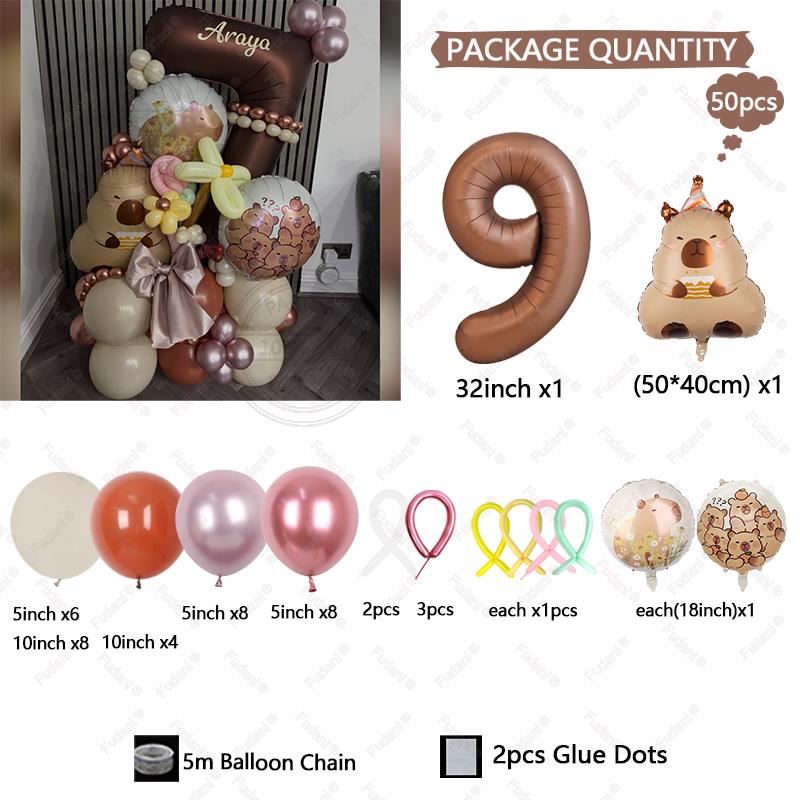 

50pcs Chocolate Numbers 1-9 Birthday Balloon Set Cute Capybara Balloon Cartoon Animal Theme Party Decoration Photography Props other