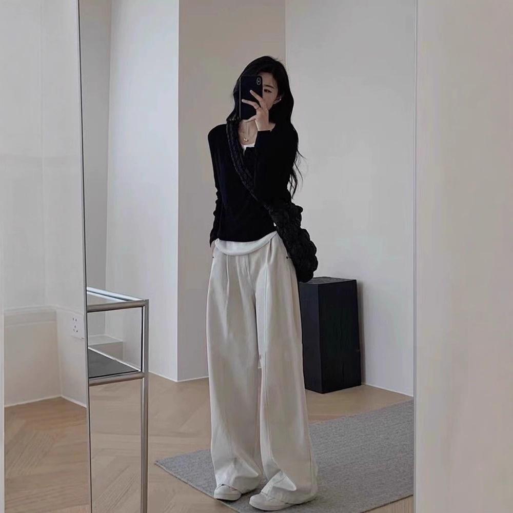 Two-Piece Effect Plus Size Black Long Sleeve T-Shirt - Women's Korean Style Irregular Patchwork Slimming Top