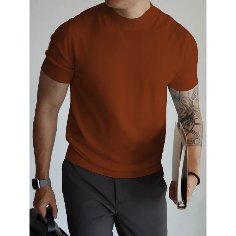Men Short Sleeve Knit T Shirt Crew Neck Solid Color Slim Fit Casual Breathable Top