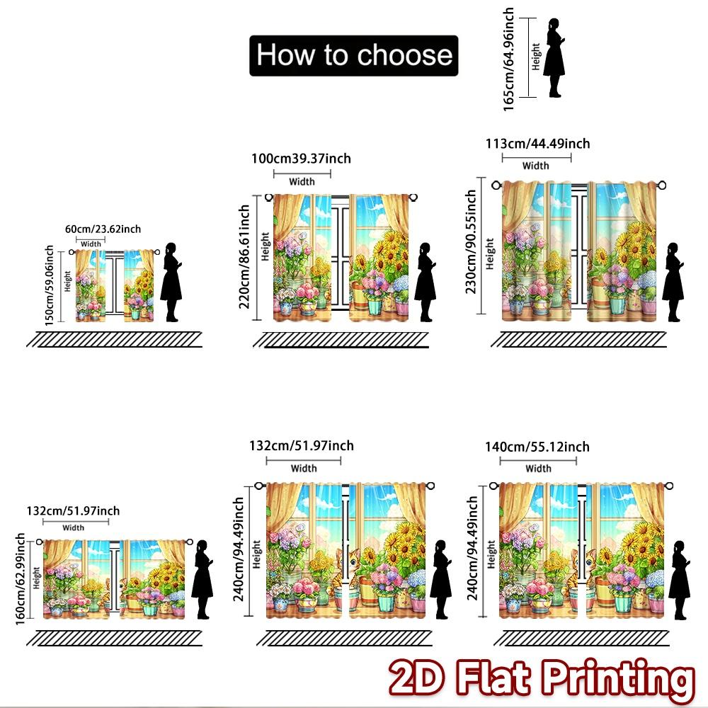 2D Flat Printing 2pcs Curtain Cute Cat Flower Garden Digital Printed Polyester Drapes All Season Party & Holiday Decor for