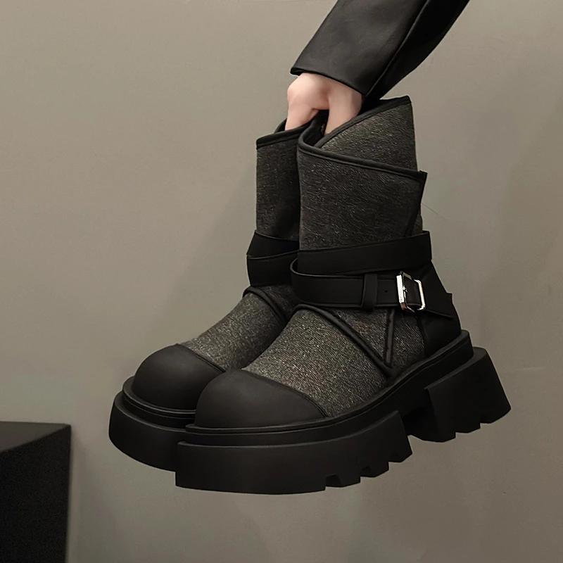 Fashion High-end design sense fashion niche denim skinny boots women 2024 new mid-tube round head thick sole casual ankle boots