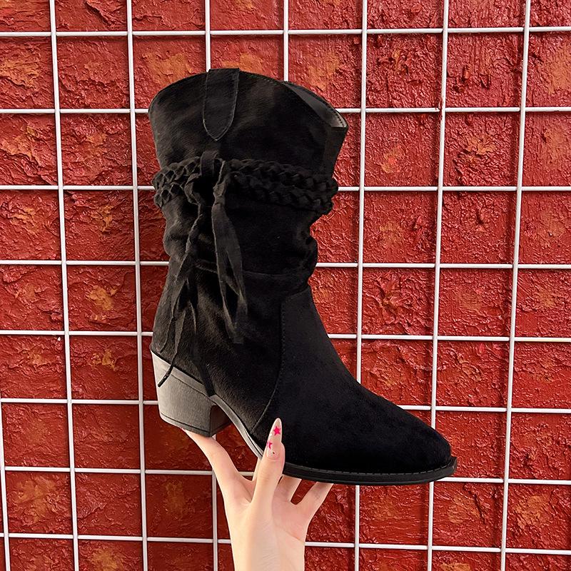 Women's 2025 Autumn Ethnic Lace-up Suede Chelsea Boots with Chunky Heel and Braided Strap