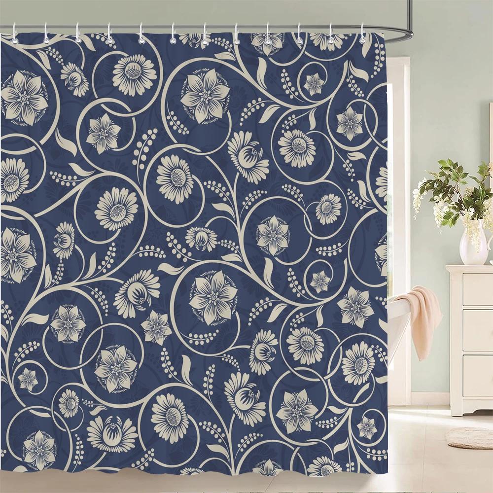 1Pc European Style Golden Flowers Shower Curtain Waterproof Fabric,Floral Print Partition Curtain Decorate Bathroom Curtain