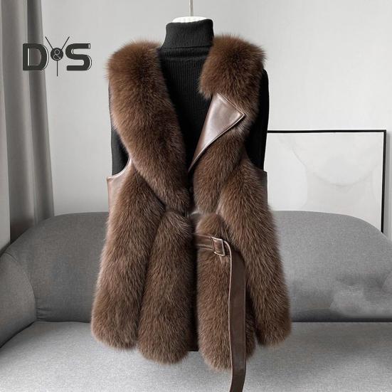 Women Winter Vest Coat Thick Fluffy Faux Fur Cozy Solid Color Sleeveless Button Closure Belt Decor Solid Color Windproof Faux Leather Patchwork Warm