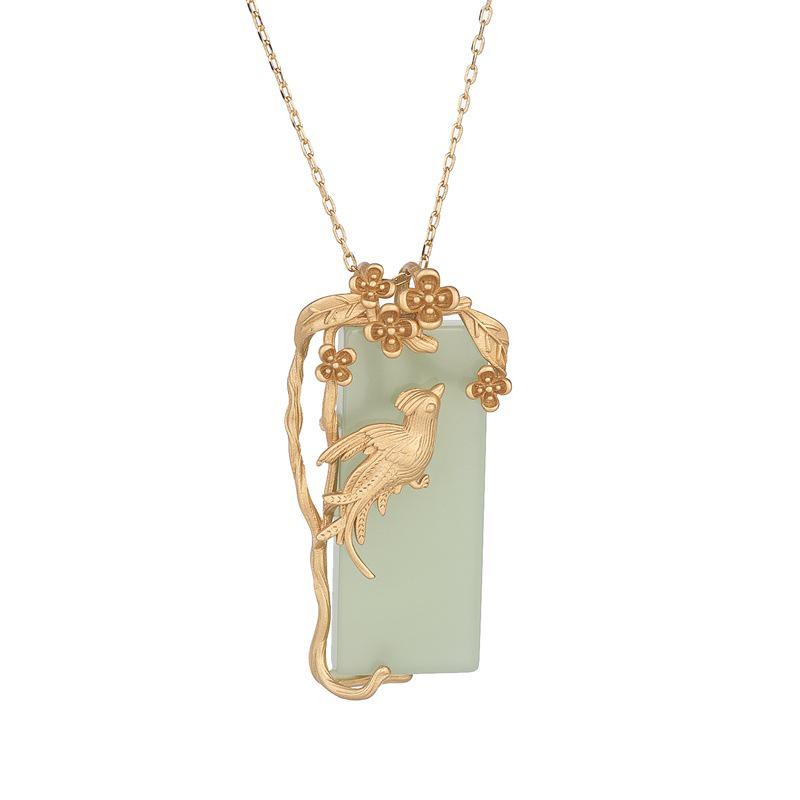 Chinese Court-Style Magpie & Flower Jade Pendant Necklace