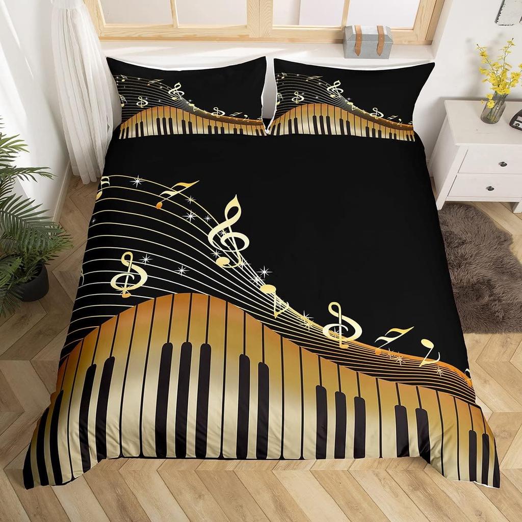 Musical Notes Duvet Cover,Piano Key Comforter Cover Twin Queen Size,Music Themed Bedding Set Melody Musical Note Bedclothes 3Pcs