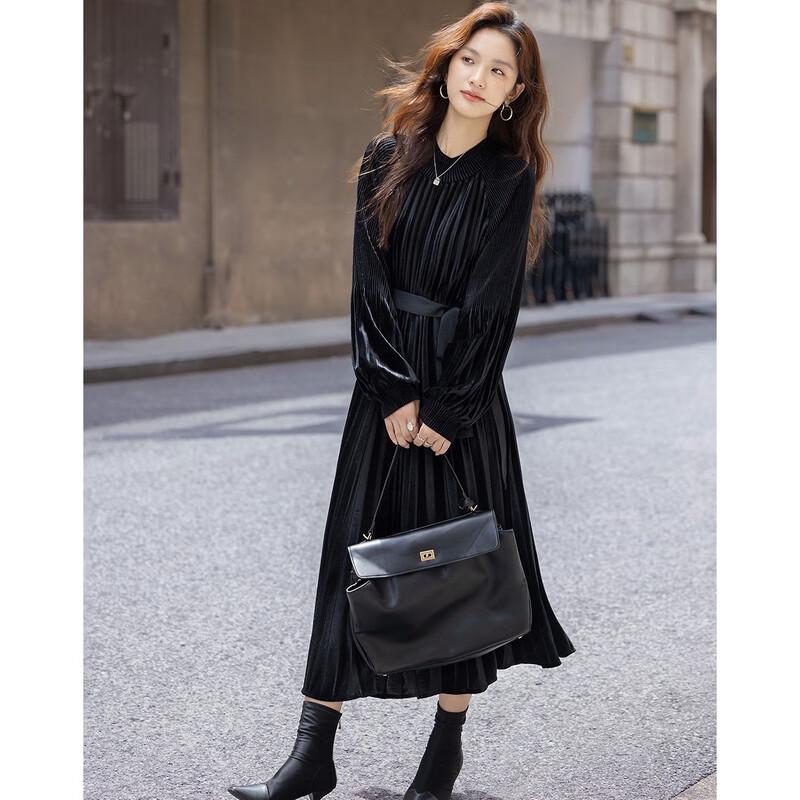 Demana Women's Winter Velvet Pleated A-Line Dress