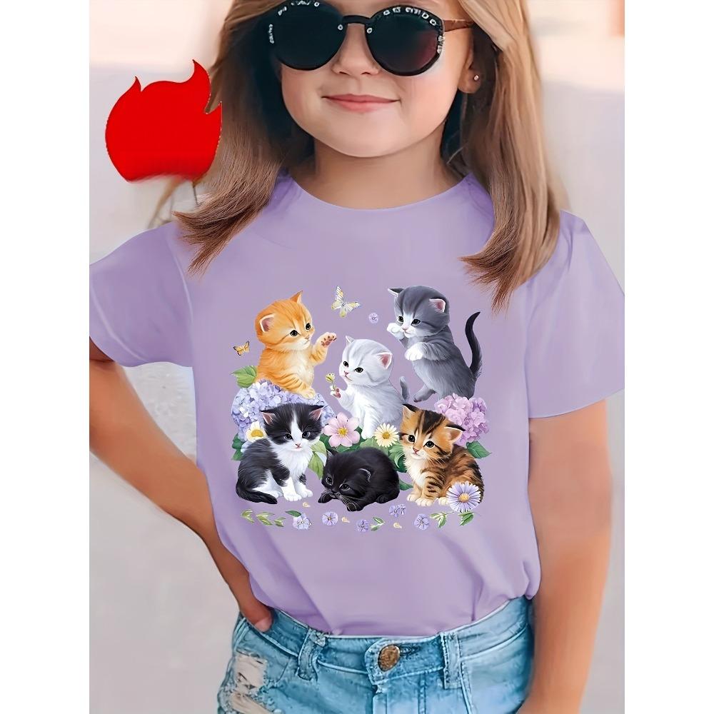 Girls' Cartoon Cat Printed T-Shirt Summer Elementary Girl Clothes Short Sleeve Children Top Kawaii T-Shirts Girl Tops