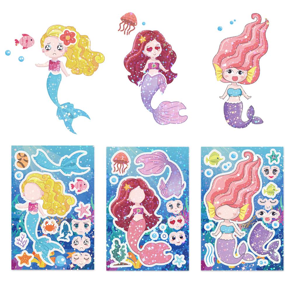 8Pcs Mermaid Face-Changing Stickers Cute Cartoon Designs Waterproof Stickers For Teen Girls' Parties Handmade Diy Birthday Gifts