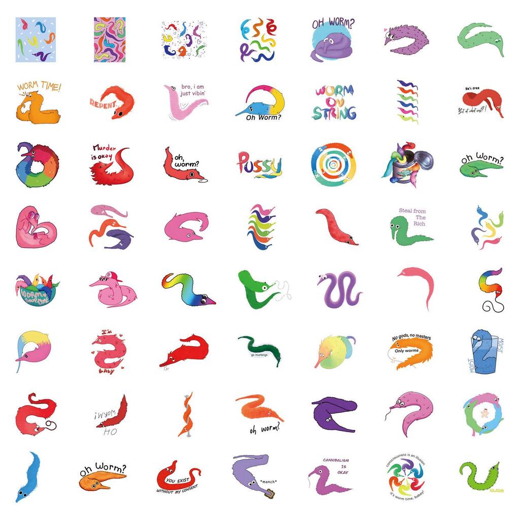 55 New Style Worm Graffiti Stickers for Suitcases, Laptops, and Cars - Cartoon Collection