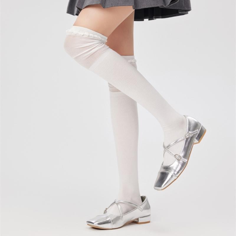 Solid Color Stretch Ruffle Trim Over Knee Long Socks for Women Japanese Student Sheer Mesh Splicing Thigh High Stockings