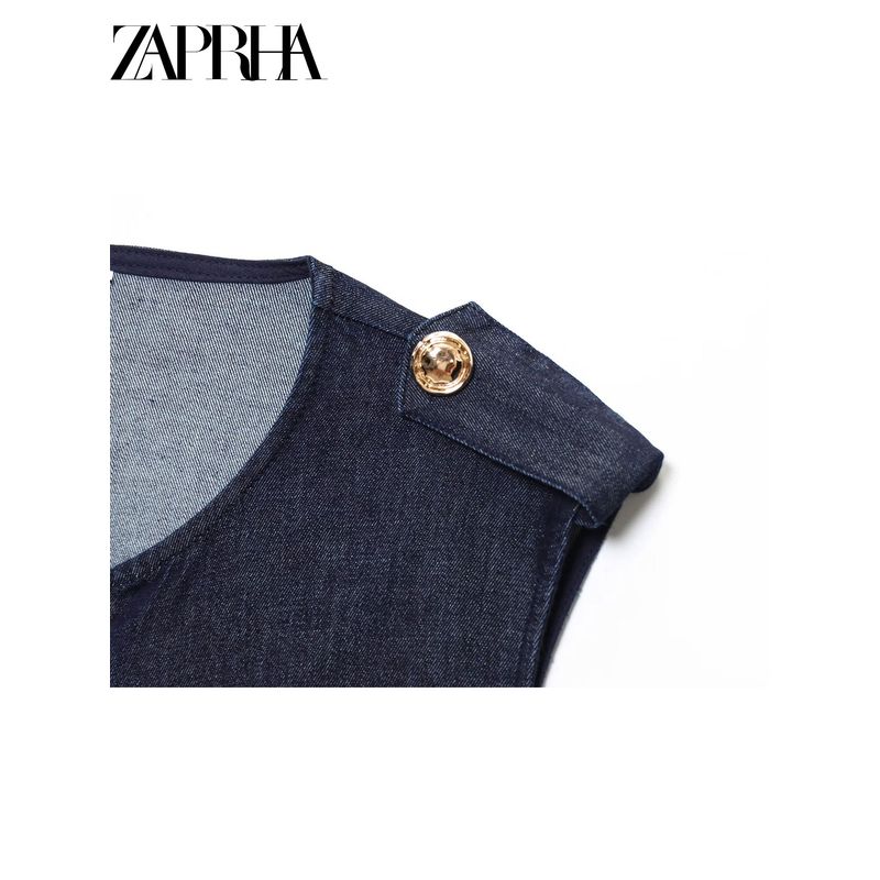 Zaprha 2025 New Arrival Retro Casual with Belt Ruched Denim Midi Skirt Dress Waist 3394576