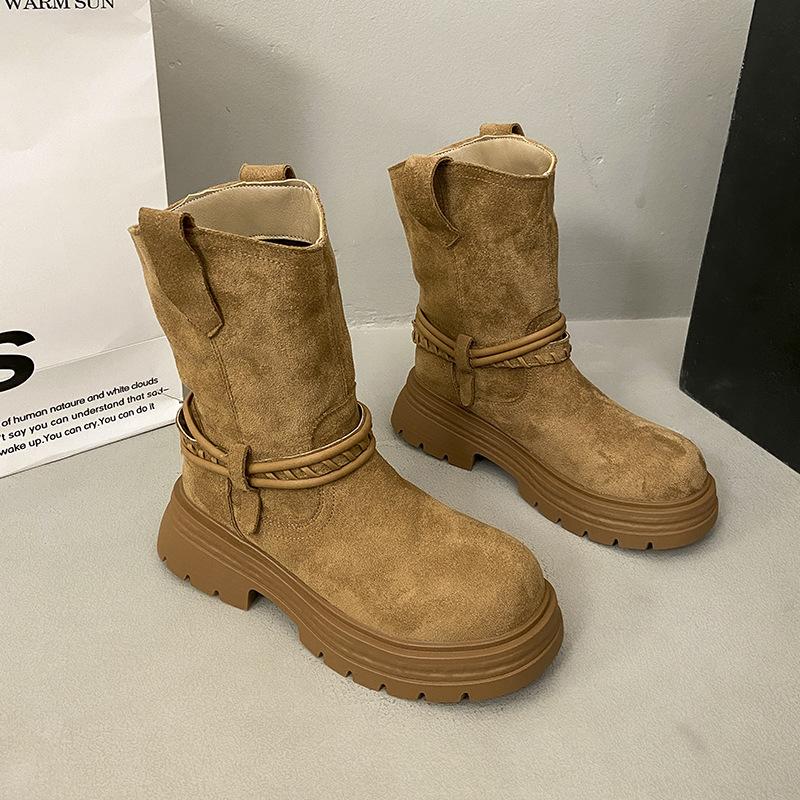 French thick heel round head suede pleated piled boots 2025 new autumn temperament fashionable and thin versatile short boots women