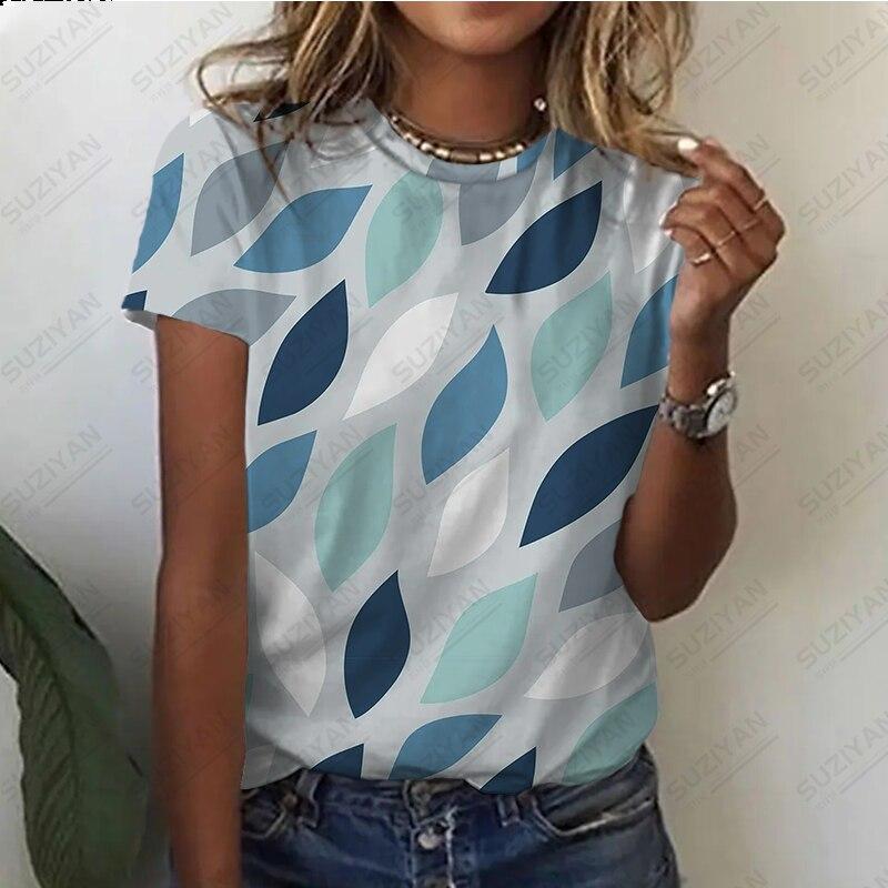 Nowy damski, luźny, duży top ze stylowym i stylowym temperamentem. Druk 3D. Prosty damski top z okrągłym dekoltem i krótkim rękawem.