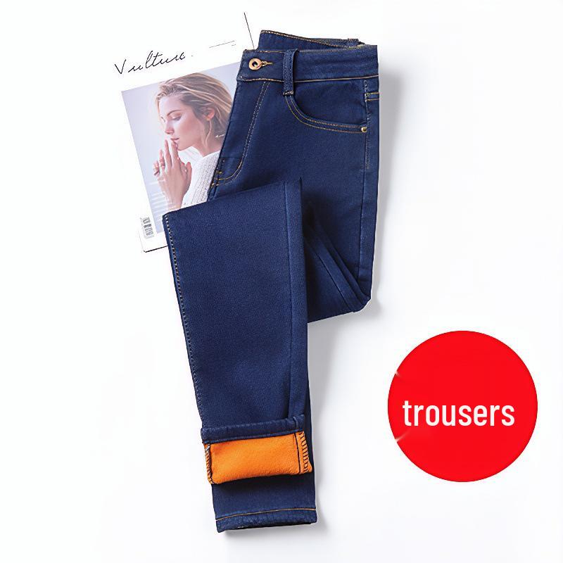 High-Waisted Plus Velvet Nine-Point Skinny Jeans for Plus-Size Women (Winter Thick) Size 26 [Waist 1 9 ]