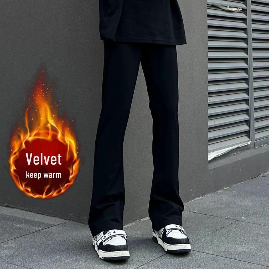 Unisex Black Fleece-Lined Micro-Flared Slimming Jeans - Casual American-Style Straight-Leg Pants