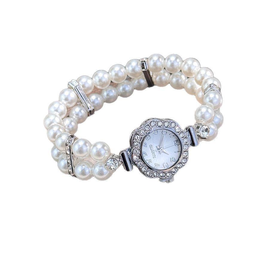 Double Row Imitation Pearl Elastic Elastic Watch Light Luxury Flower Diamond Full Digital Women's Watch