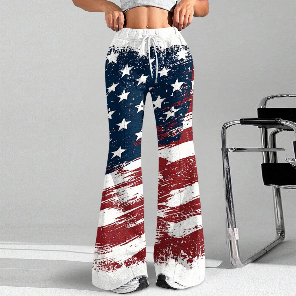 Women's Fashion Loose Drawstring Tight Waist Independence Day Printed Casual Sports Pants Casual Flared Pants