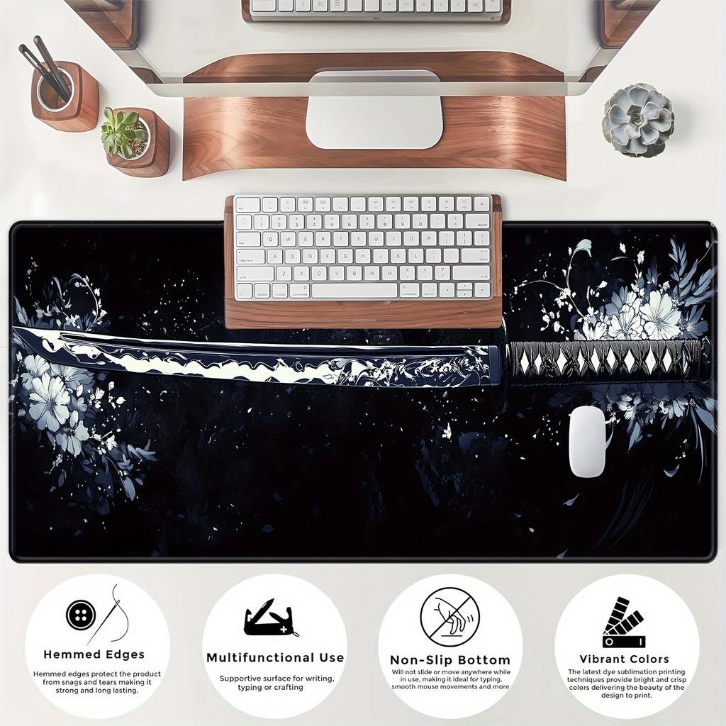 Erweitertes Gaming-Mauspad mit floralem Schwertdesign, rutschfeste Gummirückseite, große Schreibtischmatte für Tastatur, Laptop, für Gaming, Büro und Zuhause