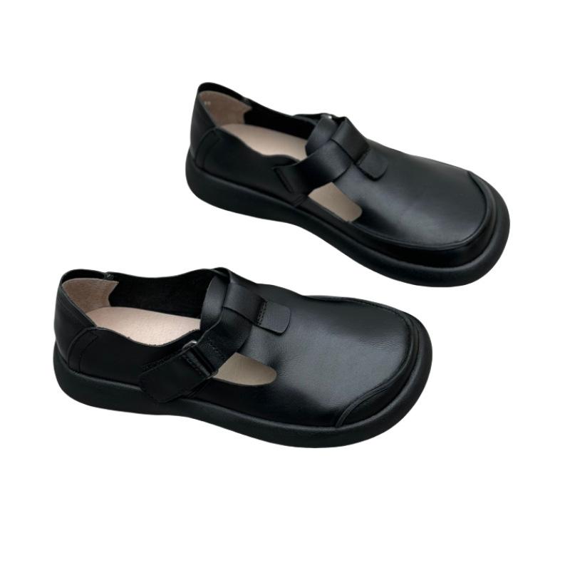 Ručně šité dámské boty z pravé kůže na jaro a léto s kulatou špičkou, na suchý zip, ploché, ležérní, z hovězí kůže, jednodílné boty