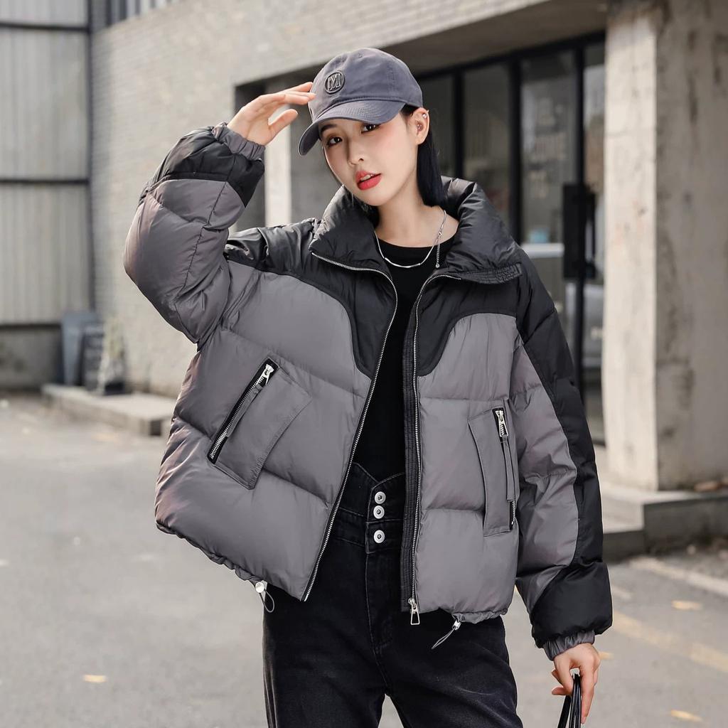 Contrasting color splicing down jacket women's short winter new loose thickened warm white duck down jacket
