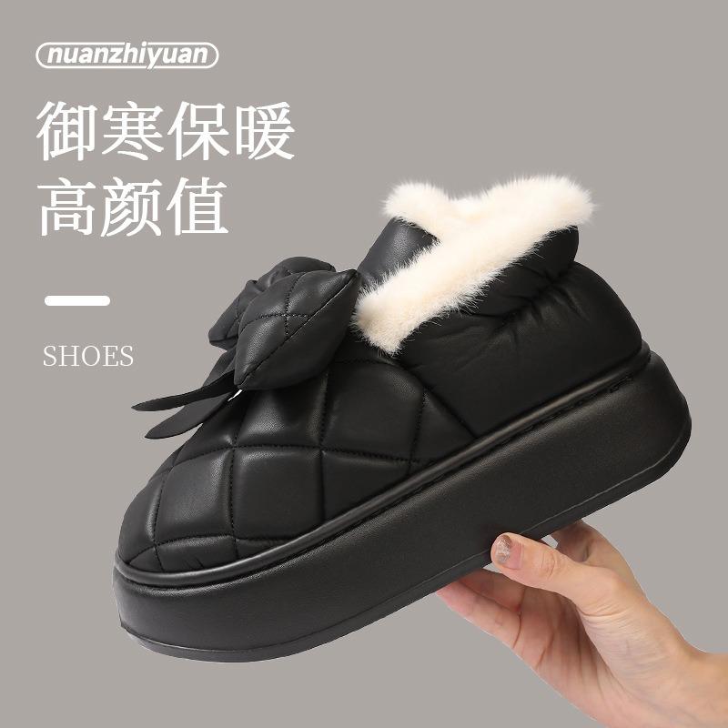 Warm edge outer wear bag heel cotton slippers women's winter warm velvet waterproof bow platform cotton shoes