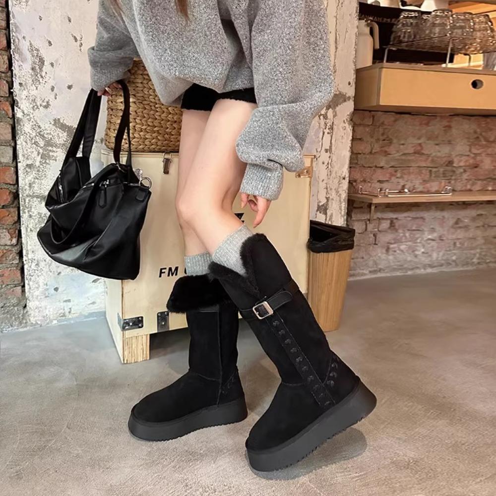 

Belt Buckle Boots Winter New Round Head Suede Warm Sleeve Thick Bottom Non-Slip Cotton Shoes Snow Boots 40 чорний