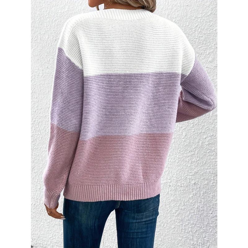 Autumn Winter Pullovers Loose Drop Shoulder Round Neck Color Matching Knitted Pullovers & Long Sleeves Ladies Sweater