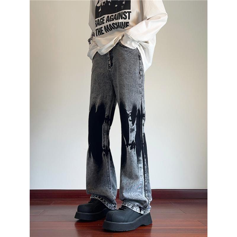 Snowflake gray tie-dye micro-pull jeans men's spring and autumn tide brand American high street vibe pants slim-fit narrow straight-leg pants
