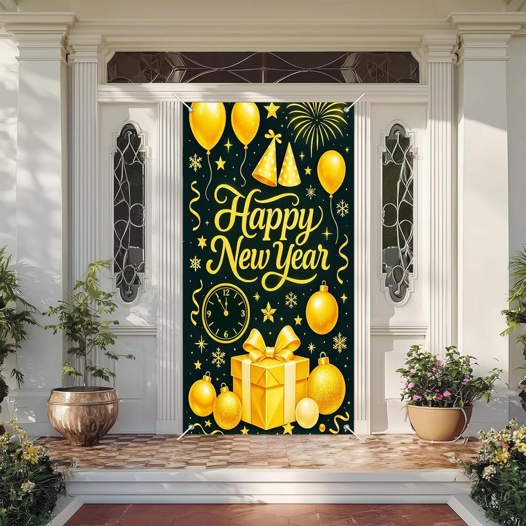 IVN 71x35 Inch Happy New Year 2026 Banner Door Cover New Years Eve Party Backdrop Black Gold Balloons Gift Box Polyester Fabric Front Door Porch
